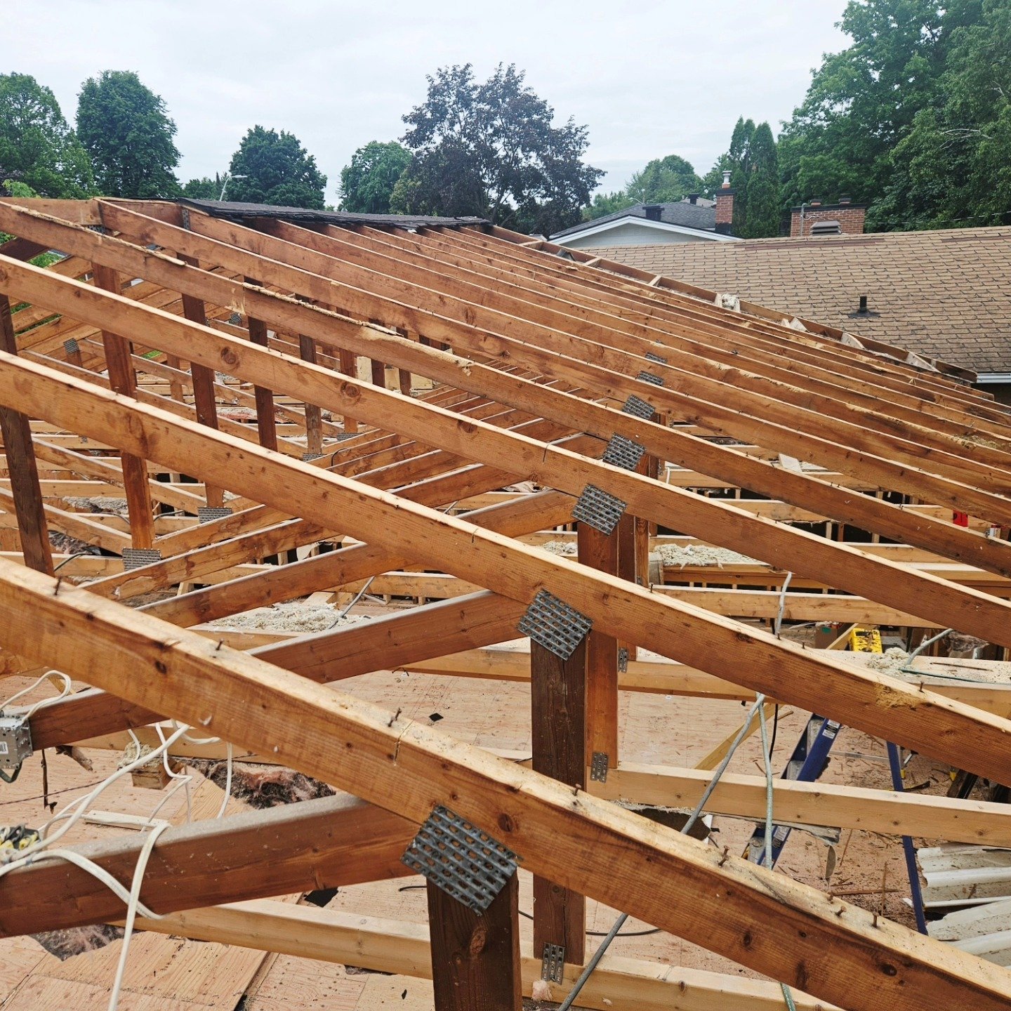 Roof truss framing on a construction site